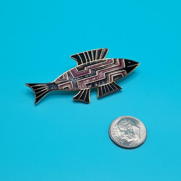 Vintage Laurel Burch Fish Brooch, Cloisonné Enamel Black Brown, Gold Plated 1980 - Picture 9 of 10